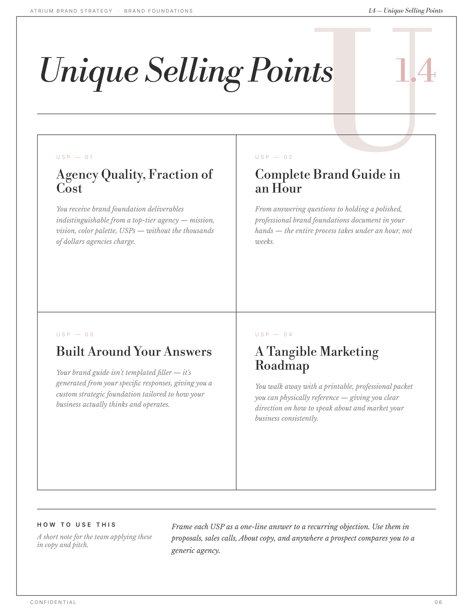 Unique Selling Points page from a generated document